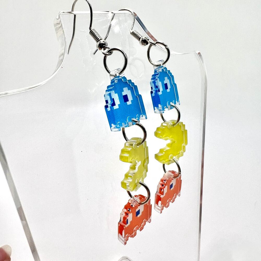 Pacman Earrings - Retro Arcade Dangle Jewelry - Fun Colorful Gamer Style - Picture 2 of 8